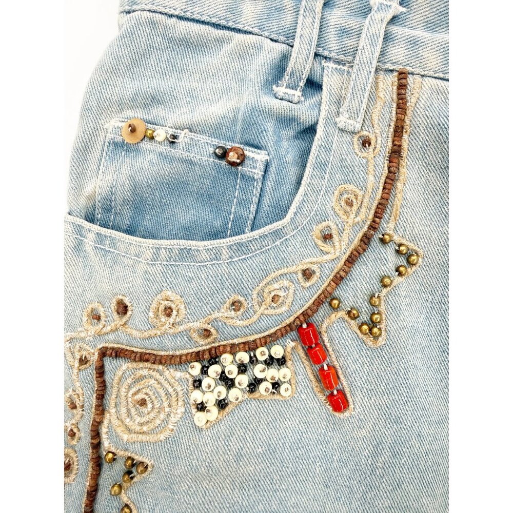 JOU JOU VTG 80s Denim Blue Embellished Long Jean Short 11/12 - Picture 3 of 13